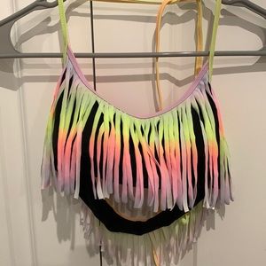 Victoria’s Secret PINK fringe tie dye/black bikini top - Size M - NWT